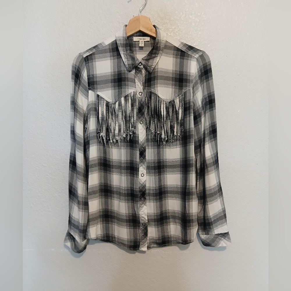 💚5/$25 Como Blu Black & White Plaid Fringe Snap Button-Up Shirt Size Small